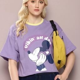 Women Printed Round Neck Pure Cotton Purple T-Shirt-image-3