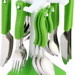 24 Pcs Stainless Steel Cutlery Set/ Spoon Set with Stand for Dining/Spoon and Fork Set/Spoon Stand Holder (Green) Plastic, Stainless Steel Cutlery Set-0