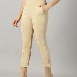 Women Skinny Fit Beige Polyester Trousers-image-90