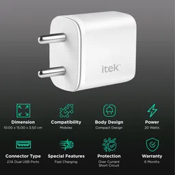 Itek 20W Type A & Type C 2-Port Fast Charger (Short-Circuit Protection, White) image 2