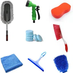 Duster, Water Spray Gun, Sponge, 2 Pcs Magic Glass Cleaner Tablet, Carpet/Mats Brush, Hand Gloves, Wiper, Cloth 250 GSM 40x40 Cms Combo-10