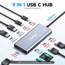 Verilux USB C Hub 9 In 1 4K 60Hz HDMI USB C SD TF Card Reader 100W PD Fast Charging Hub VLX-9IN1-USBC-HUB Converter Dock image 2