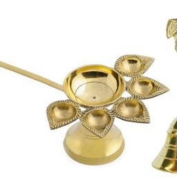 Panch Aarti & Pooja Hand Bell Combine Set/ Brass Pooja Accessories By Shriram Traders Brass Table Diya-image-3
