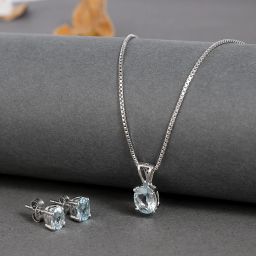 Femme Jam White Gold 925 Sterling Silver natural Blue Topaz Gemstones Pendant, Earring & Chain Set Topaz Earring & Necklace Set-image-23