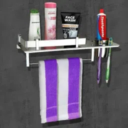 Stainless Steel 3 in 1 Multipurpose Bathroom Shelf/Rack/Towel Hanger/Tumbler Holder/Chrome finish Bathroom Accessories (14 x 5 Inches) - Pack of 1 Silver Towel Holder (Stainless Steel) SILVER Towel Holder-3