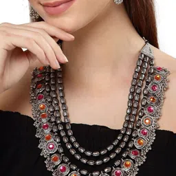 Oxidized Heaven Sterling Silver Plated Stone Studded & Beaded Necklace and Earrings-picture-25