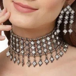 Oxidized Heaven Sterling Silver-Plated Mirror Studded Jewellery Set-picture-36