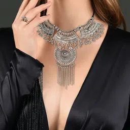 Oxidized Heaven Silver Plated Silver Artificial Beaded Oxidised Necklace-19
