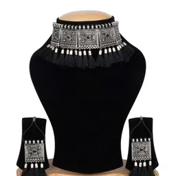 Oxidized Heaven Sterling Silver-Plated Stone Studded Tassel Jewellery Set-40