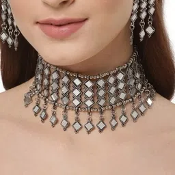 Oxidized Heaven Sterling Silver-Plated Mirror Studded Jewellery Set-picture-26