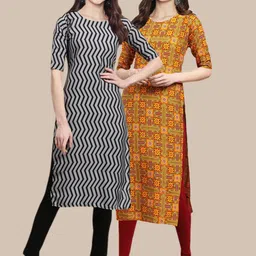 1 Stop Fashion Women Grey & Mustard Yellow Pack of 2 Printed Crepe Kurta-image-89