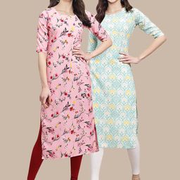 1 Stop Fashion Women Pack of 2 Pink & Blue Floral Printed Crepe Kurta-38
