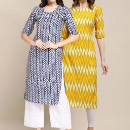1 Stop Fashion Women Pack Of 2 Navy Blue & Yellow Geometric Printed Crepe Kurtas-image-53