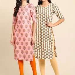 1 Stop Fashion Women Pack of 2 Pink & Cream-Coloured Printed Crepe Straight Kurta-picture-6