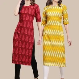 1 Stop Fashion Women Pack of 2 Red & Yellow Printed Crepe Kurtas-picture-25