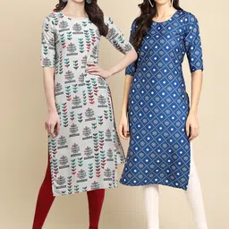 1 Stop Fashion Women Pack of 2 Blue & Grey Printed Straight Crepe Kurta-image-44