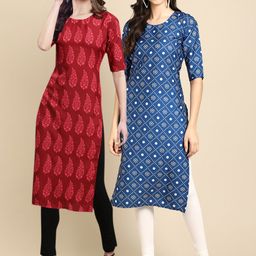 1 Stop Fashion Women Pack Of 2 Red & Blue Ethnic Motifs Printed Crepe Kurta-image-89