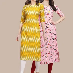 1 Stop Fashion Women Pack of 2 Yellow & Pink Printed Crepe Straight Kurta-image-42