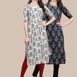 1 Stop Fashion Women Pack of 2 Teal Green & Grey Printed Straight Crepe Kurta-image-45