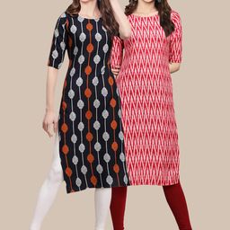 1 Stop Fashion Pack Of 2 Ethnic Motifs Printed Round Neck Crepe Kurtas-image-79