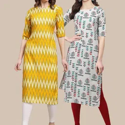 1 Stop Fashion Women Pack of 2 Yellow & Grey Printed Crepe Kurtas-image-37