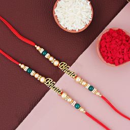 LUCKY JEWELLERY Set Of 2 Bhaia Beaded Thread Rakhis With Roli Chawal & Greeting Card-image-38