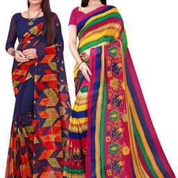 KALINI Navy Blue & Yellow Pure Georgette Saree Combo-image-46