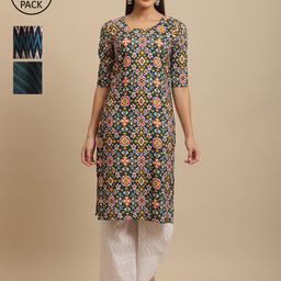 KALINI Women Multicoloured Striped Block Print Handloom Crepe Kurta-image-7