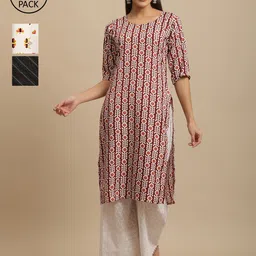KALINI Pack Of 3 Geometric Printed Straight Regular Crepe Kurtas-picture-2