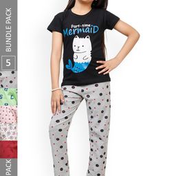 IndiWeaves Kids Girls Pack of 5 Printed Cotton Lounge Pants-image-92