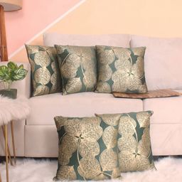 STITCHNEST Green & Gold-Toned 5 Pieces Floral Velvet Square Cushion Covers-image-43