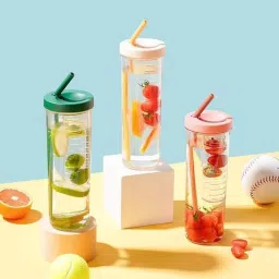 kerfora 4 pcs 1000ML Portable Plastic Straw Water Bottle with Fruit Infuser Filter 1000 ml Bottle image 3
