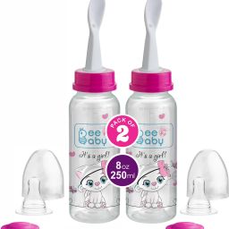 Gentle 2 in 1 Baby Feeding Bottle with Plastic Feeder Spoon. 2 Pack (Pink) 8M+ - 250 ml-image-77