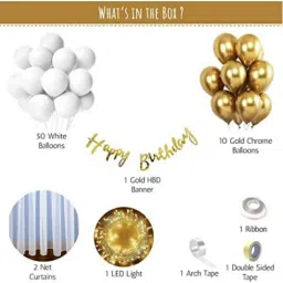 flipmate Solid White and Gold HBD Combo Kit with white net and Light SET OF 67 (Set of 67) Airwalker image 2