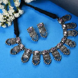 SOHI Silver-Toned Oxidised Choker Jewellery Set-25