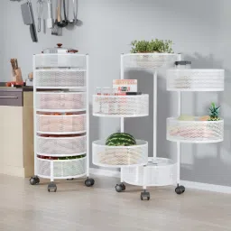Pack of 2 Kitchen 5+1 Layer Metal Storage Rack with Wheels | Round Shape - White Iron Kitchen Trolley-image-36
