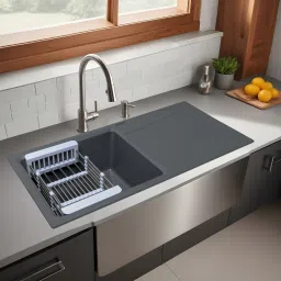 Smoke grey Quartz Single Bowl Kitchen Sink with Drain Board (36 x18 x9 Inch) Natural Smoke Grey Granite Matt Finish Vessel Single Bowl With Drain Board Sink Vessel Sink-image-62
