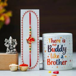 Designer Rakhi Gift Set For Brother Combo With Roli Chawal Greeting Card- MG-10-SG1-C22 Mauli Thread Mug, Rakhi, Showpiece, Chawal Roli Pack, Greeting Card Set-image-18