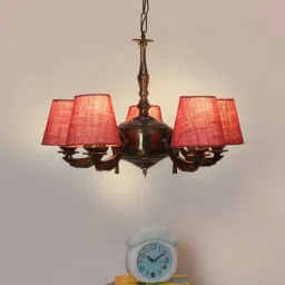 new era Devansh 05 Lights Maroon Jute conical shade with Antique Golden Chandelier-picture-37