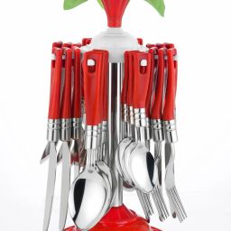 Premium Modern Design Cutlery Set with Stand - 24 Piece, Red Handle Stainless Steel, Plastic Cutlery Set-14