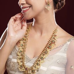 Rubans 22K Gold-Plated Green & Pink Stone Cubic Zirconia Temple Jewellery Set with Pearls-17