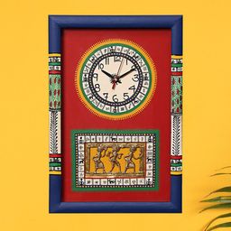 AAKRITI ART CREATIONS Blue & Red Warli Art Printed Rectangle Analogue Wall Clock-image-84