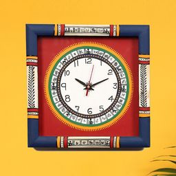 AAKRITI ART CREATIONS Blue & Red Warli Art Printed Square Analogue Wall Clock-image-86