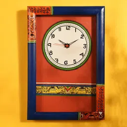 AAKRITI ART CREATIONS Blue & Red Madhubani Art Printed Rectangle Analogue Wall Clock-image-83