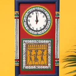 AAKRITI ART CREATIONS Blue & Red Warli Art Printed Rectangle Analogue Wall Clock-image-87