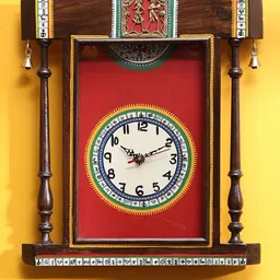 AAKRITI ART CREATIONS  Brown & Red Warli Art Printed Rectangle Analogue Wall Clock-0