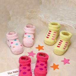 Yellow Bee Infant Girls Pack Of 3 Patterned Cotton Polka Dots And Star Print Socks-40