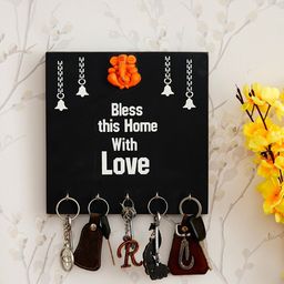 eCraftIndia Black & White Printed Wooden Key Holder With 5 Hooks-12