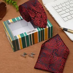 Cantabil Men Printed Tie with Pocket Square & Cufflinks Accessory Gift Set-21