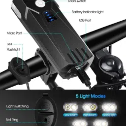 dark horse Bicycle 4000 mAh 2*T6 5 Mode 600 LM 120 DB,Horn/ Switch wire,Battery Indicator LED Front Light image 4